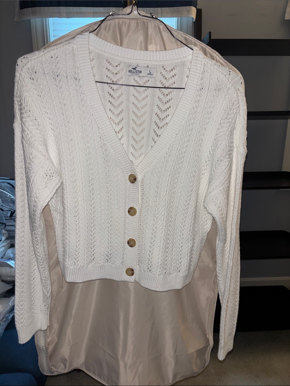 Hollister Women's White V-Neck Button-Up Openwork Knit Cardigan